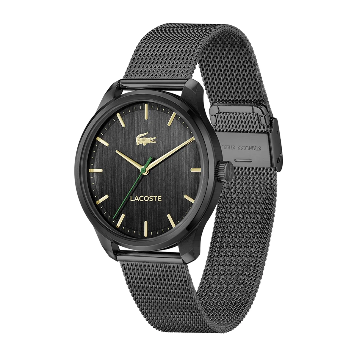 Reloj Lacoste analogo, para Hombre, tablero redondo colores negro y dorado, estilo index, pulso acero color negro