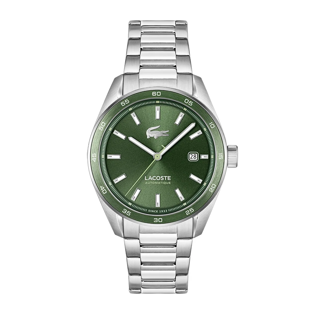 Reloj Lacoste analogo, para Hombre, tablero redondo color verde, estilo index, pulso acero color plateado, calendario
