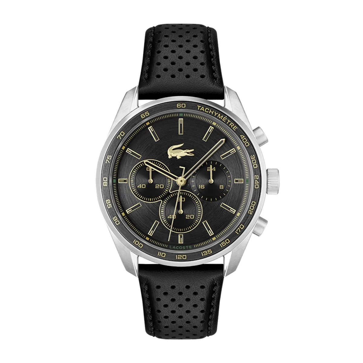 Reloj Lacoste analogo, para Hombre, tablero redondo colores negro y dorado, estilo index, pulso cuero color negro, cronografo