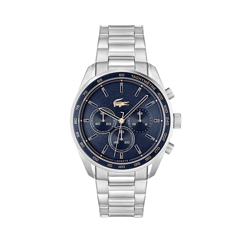 Reloj Lacoste analogo, para Hombre, tablero redondo colores azul y rosa, estilo index, pulso acero color plateado, cronografo