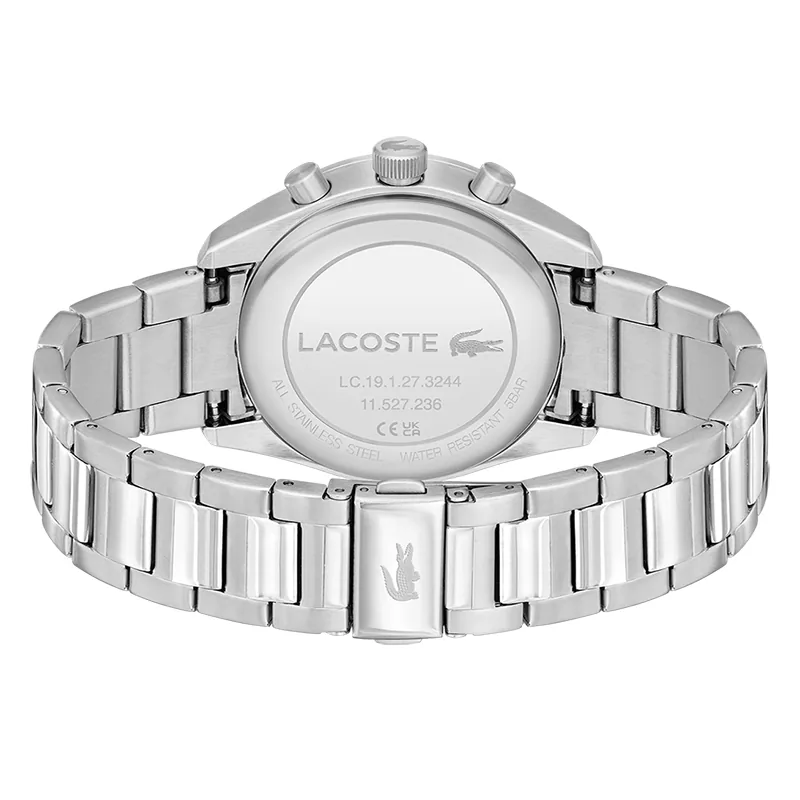 Reloj Lacoste analogo, para Hombre, tablero redondo colores azul y rosa, estilo index, pulso acero color plateado, cronografo