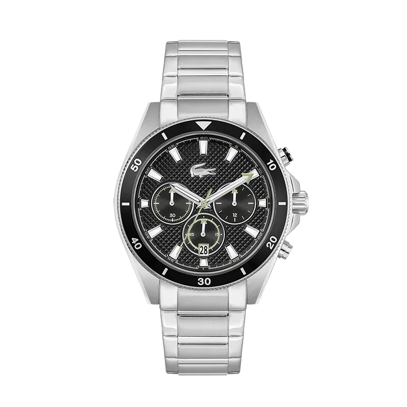 Reloj Lacoste analogo, para Hombre, tablero redondo colores negro y verde, estilo index, pulso acero color plateado, calendario, cronografo