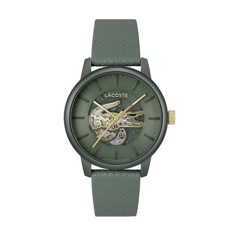 Reloj Lacoste analogo, para Hombre, tablero redondo colores negro y verde, estilo index, pulso cuero colores negro y verde