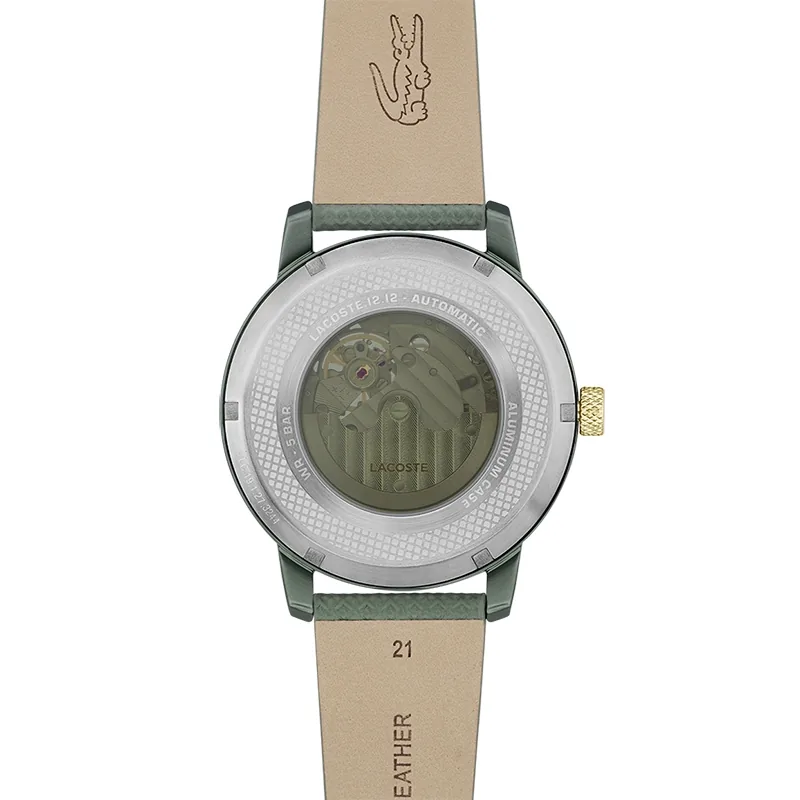Reloj Lacoste analogo, para Hombre, tablero redondo colores negro y verde, estilo index, pulso cuero colores negro y verde