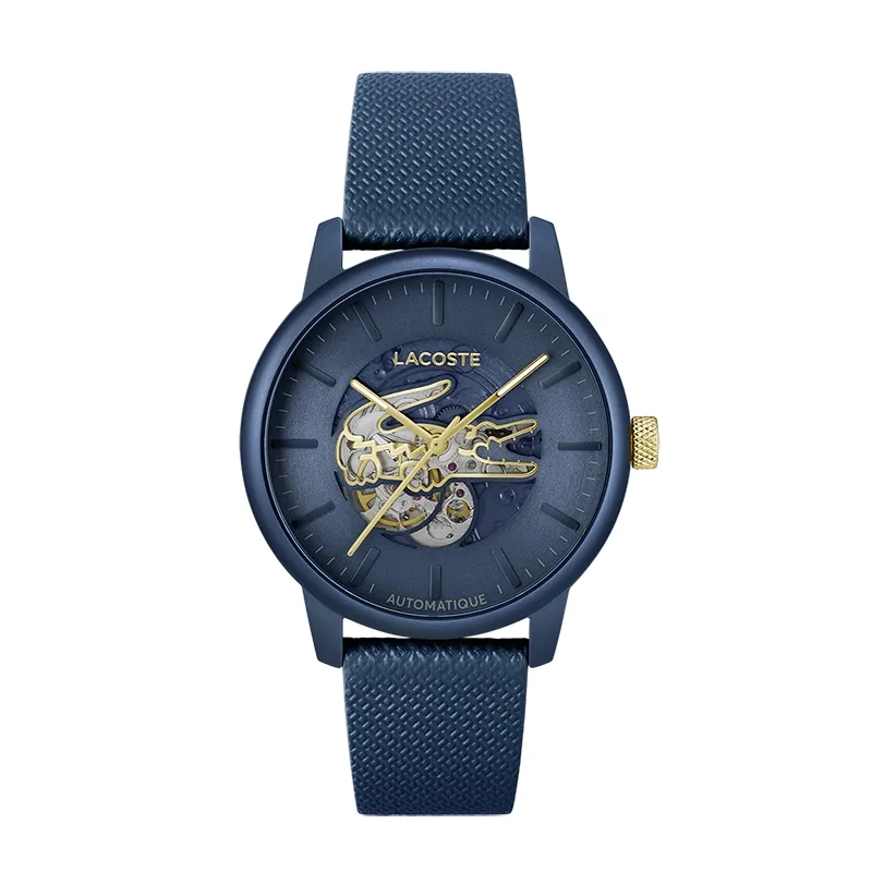Reloj Lacoste analogo, para Hombre, tablero redondo colores negro y verde, estilo index, pulso cuero colores negro y verde