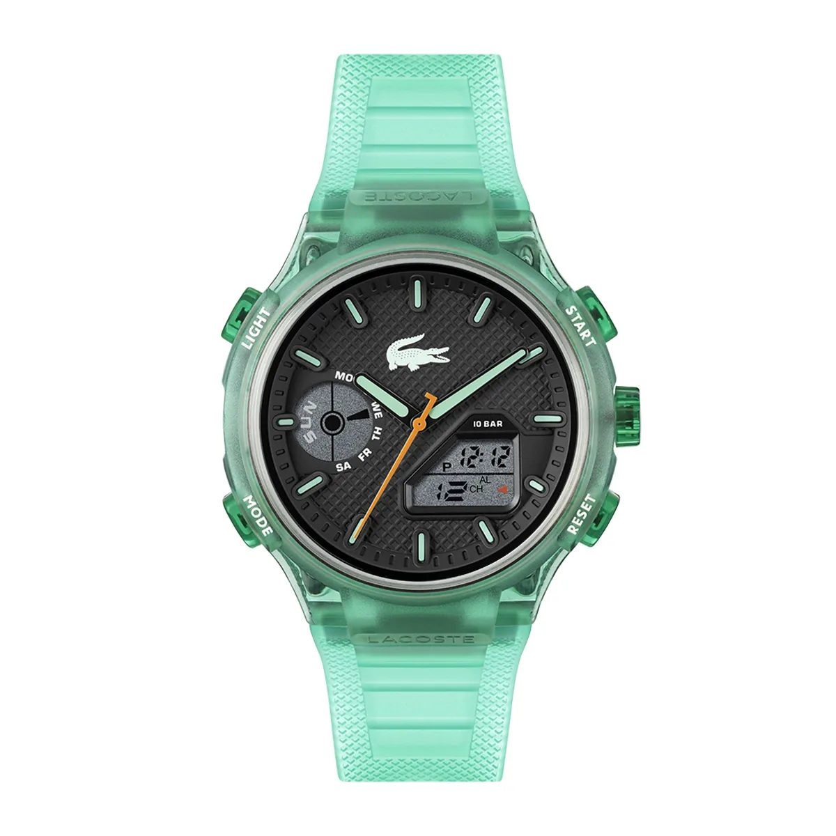 Reloj Lacoste analogo y digital, para Hombre, tablero redondo color negro, estilo index, pulso silicona color verde, calendario