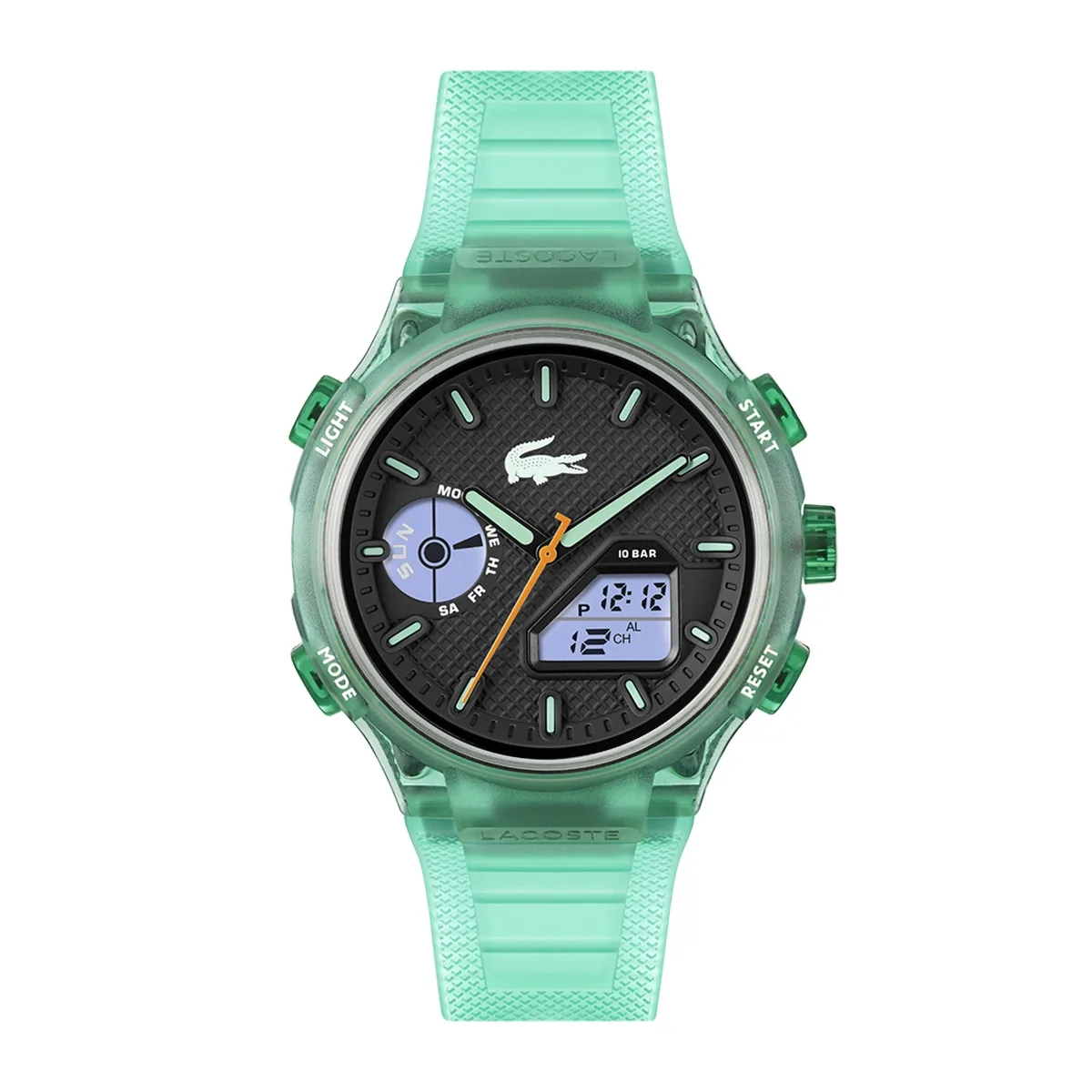 Reloj Lacoste analogo y digital, para Hombre, tablero redondo color negro, estilo index, pulso silicona color verde, calendario