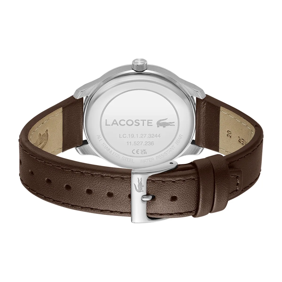 Reloj Lacoste análogo, para Hombre, tablero redondo color azul, estilo index, pulso cuero color café