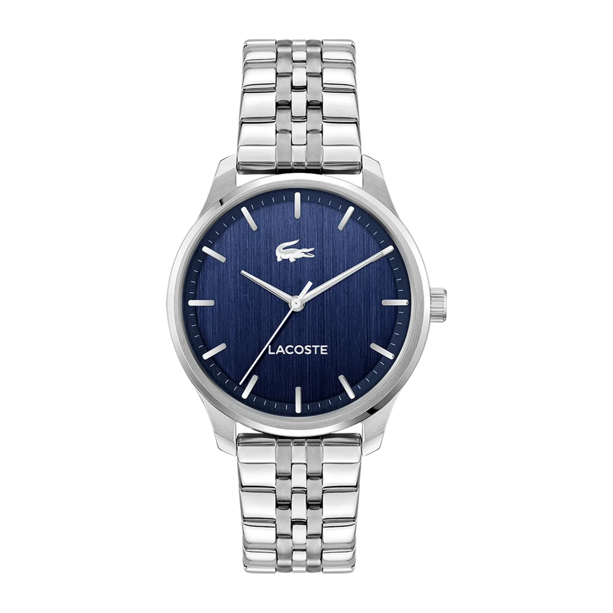 Reloj Lacoste análogo, para Hombre, tablero redondo color azul, estilo index, pulso acero color plateado