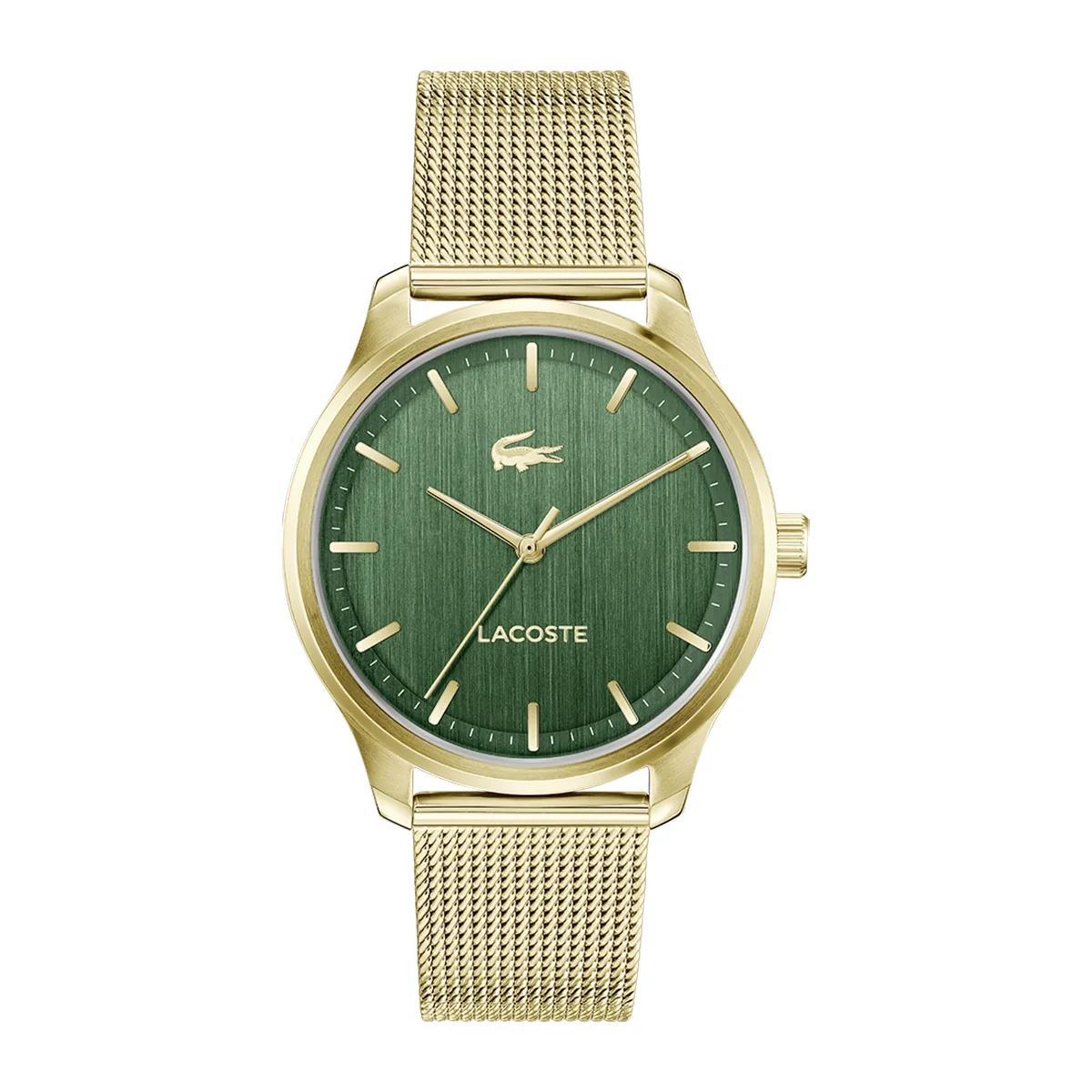 Reloj Lacoste análogo, para Hombre, tablero redondo color verde, estilo index, pulso acero color dorado