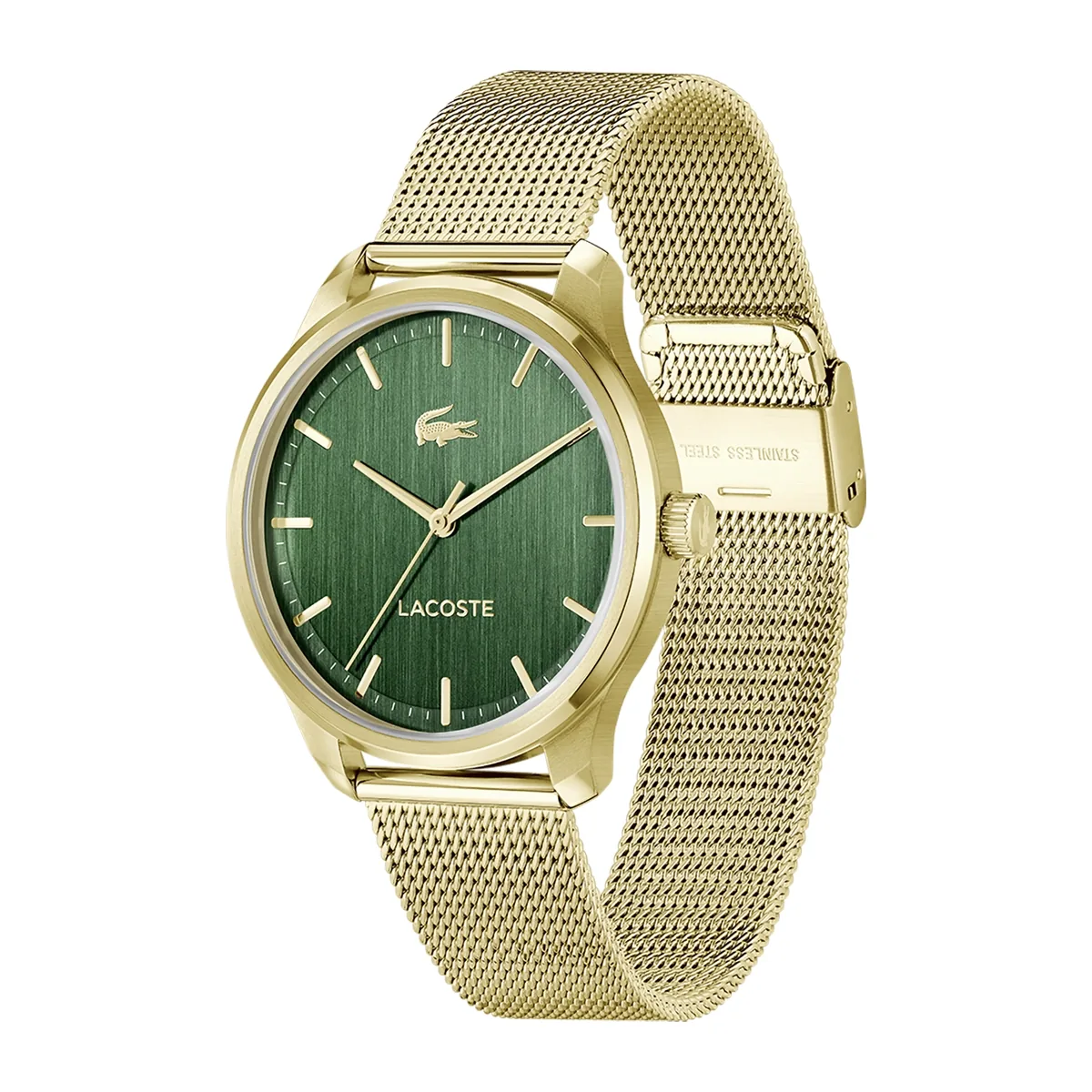 Reloj Lacoste análogo, para Hombre, tablero redondo color verde, estilo index, pulso acero color dorado