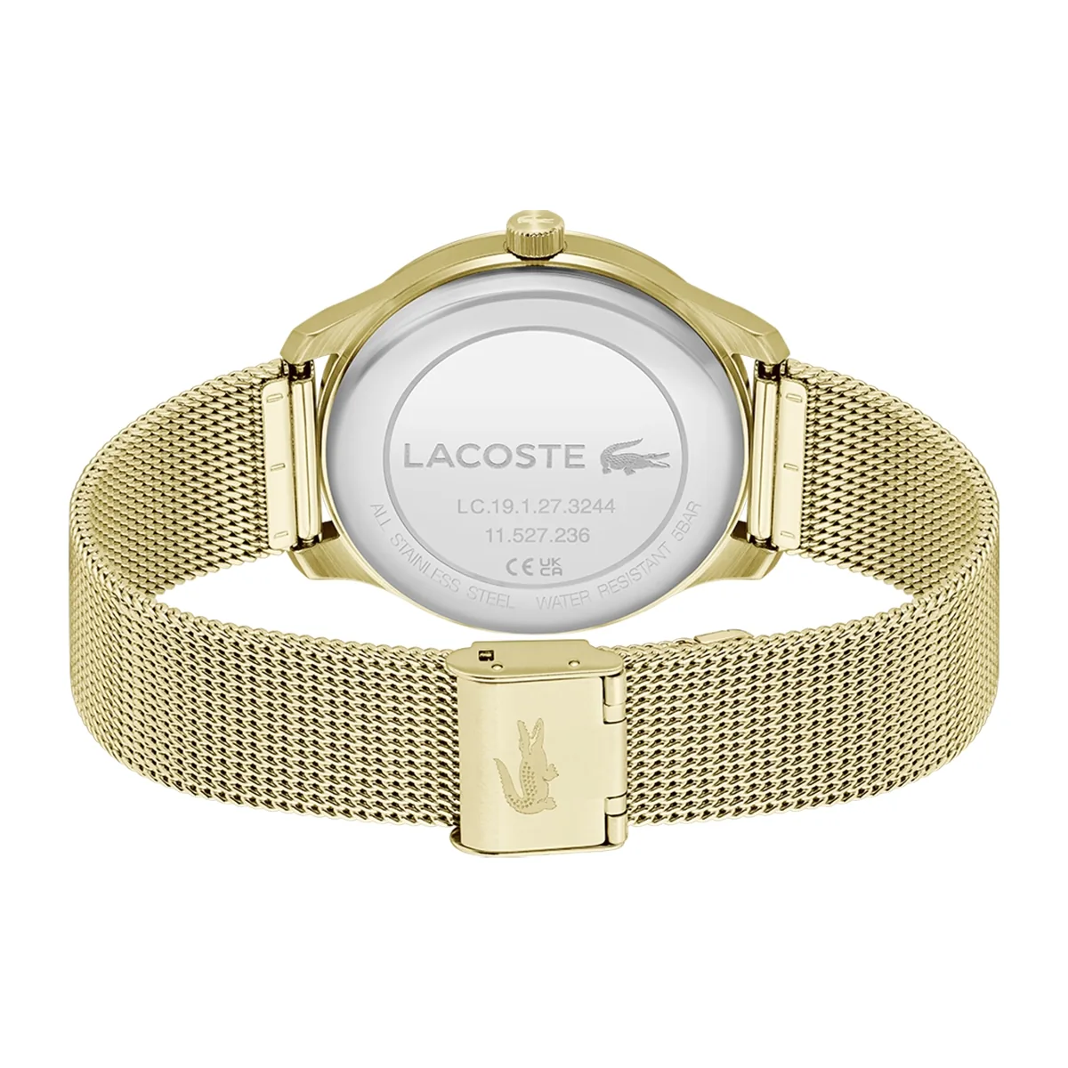 Reloj Lacoste análogo, para Hombre, tablero redondo color verde, estilo index, pulso acero color dorado