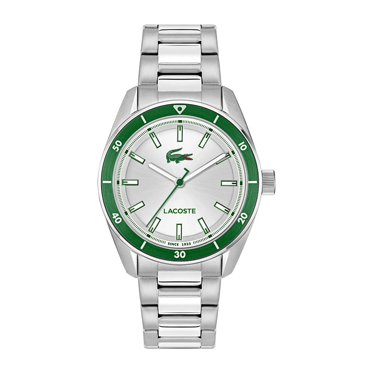 Reloj Lacoste análogo, para Hombre, tablero redondo color plateado, estilo index, pulso acero color plateado