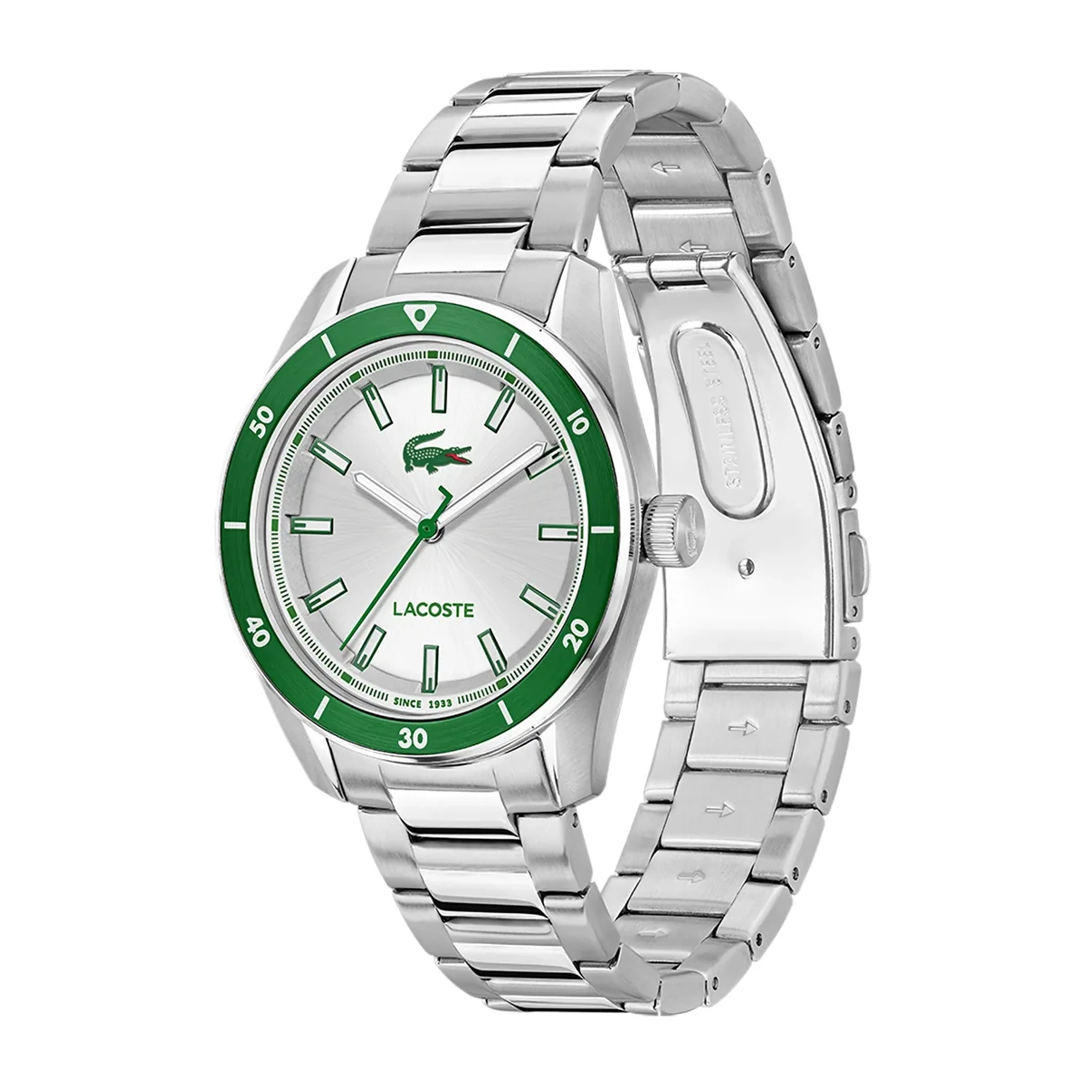 Reloj Lacoste análogo, para Hombre, tablero redondo color plateado, estilo index, pulso acero color plateado
