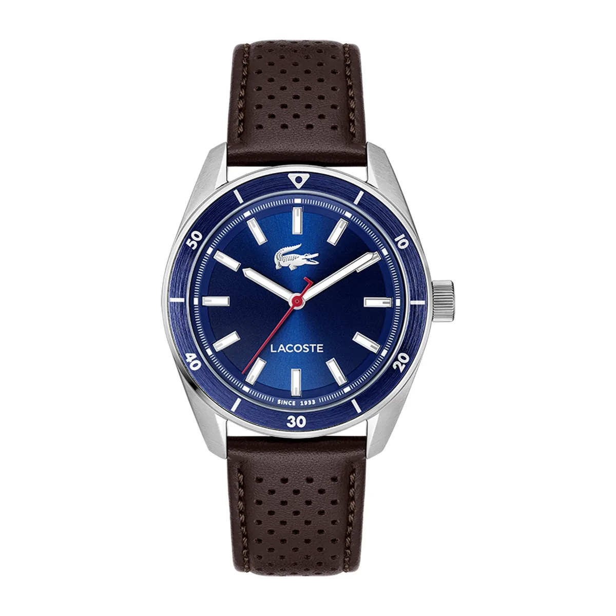 Reloj Lacoste análogo, para Hombre, tablero redondo colores azul y blanco, estilo index, pulso cuero color café
