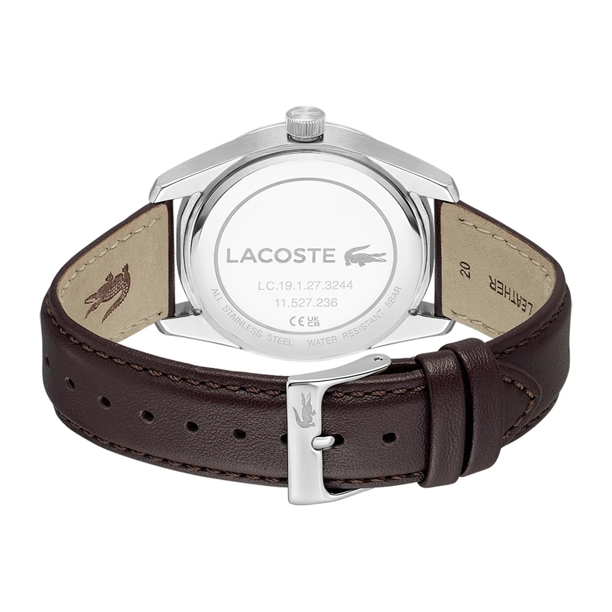 Reloj Lacoste análogo, para Hombre, tablero redondo colores azul y blanco, estilo index, pulso cuero color café
