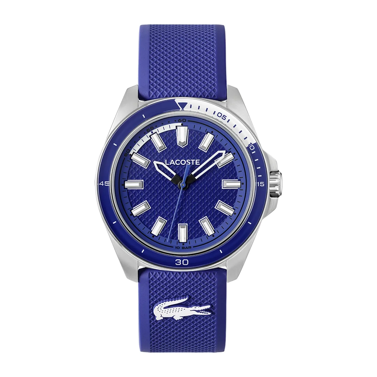 Reloj Lacoste análogo, para Hombre, tablero redondo color azul, estilo index, pulso silicona color azul