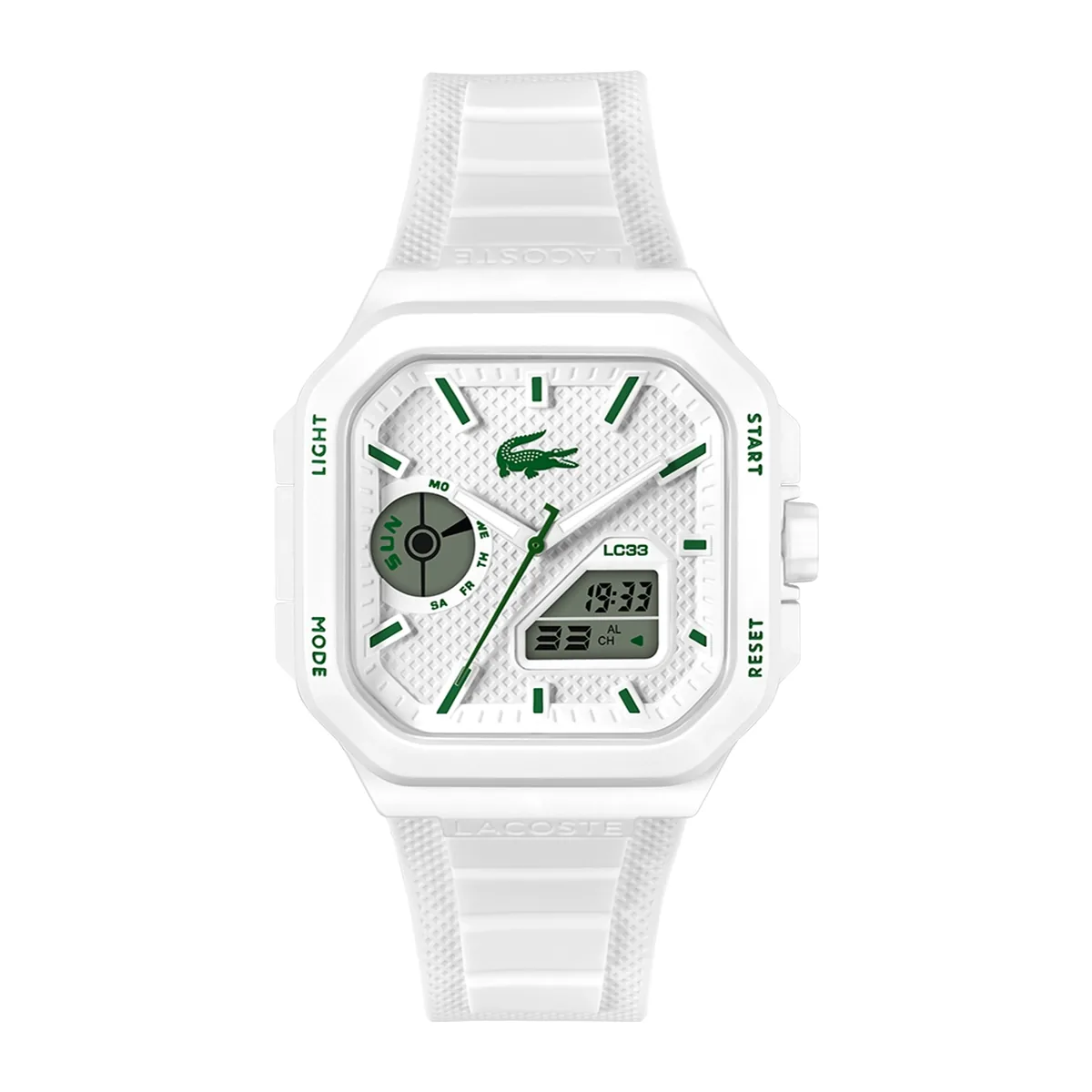 Reloj Lacoste análogo y digital, para Hombre, tablero cuadrado colores blanco y verde, estilo index, pulso silicona color blanco, calendario