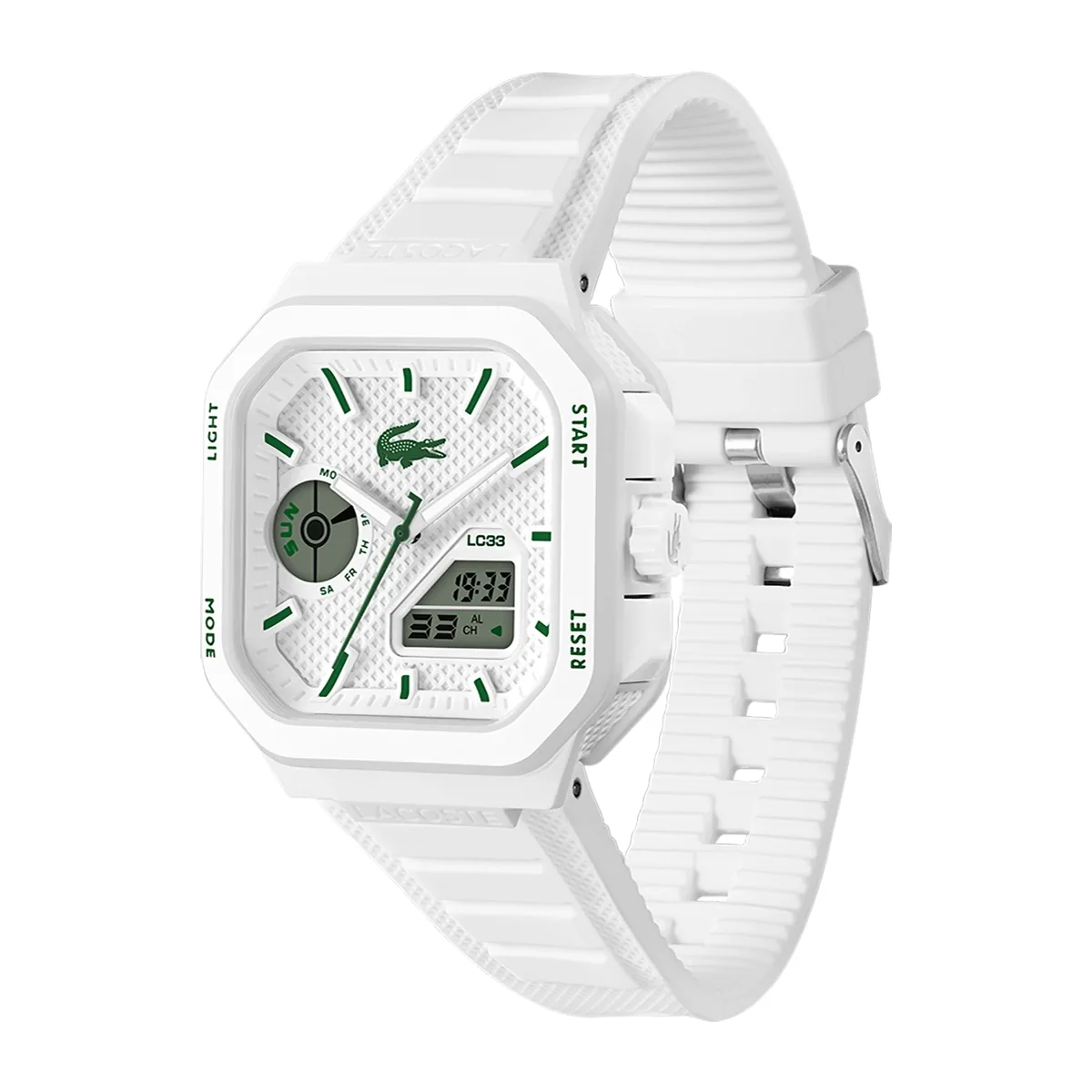 Reloj Lacoste análogo y digital, para Hombre, tablero cuadrado colores blanco y verde, estilo index, pulso silicona color blanco, calendario