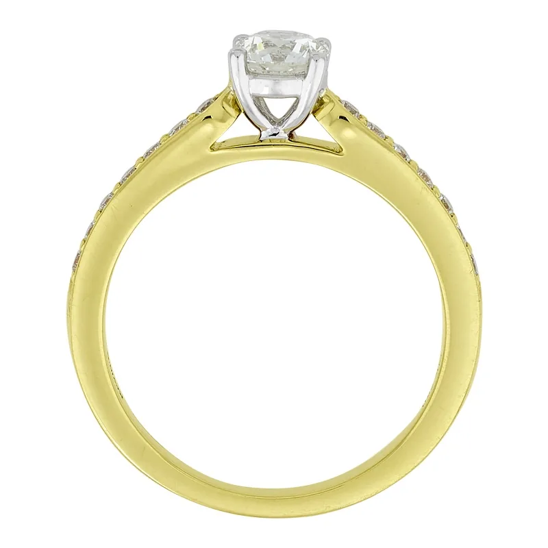 Anillo de compromiso con diamante central redondo GIA de 0.50ct y decoración en diamantes, oro 2 tonos 18k, rodinado