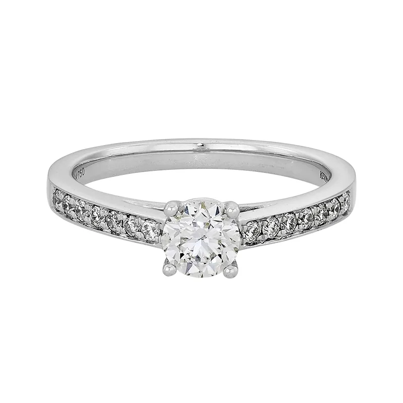 Anillo de compromiso con diamante central redondo GIA de 0.50ct y decoración en diamantes, oro tono blanco 18k, rodinado