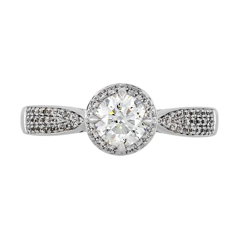 Anillo de compromiso halo redondo, con diamante central redondo GIA de 0.50ct y decoración en diamantes, oro tono blanco 18k, rodinado