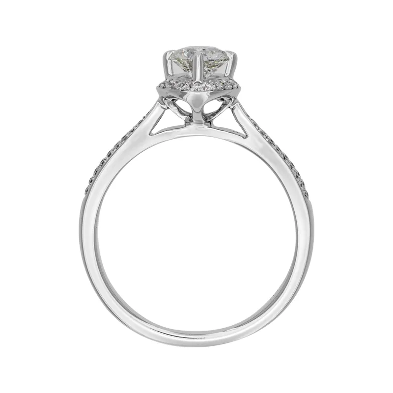 Anillo de compromiso halo redondo, con diamante central redondo GIA de 0.50ct y decoración en diamantes, oro tono blanco 18k, rodinado