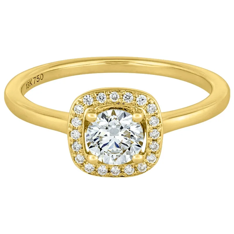 Anillo de compromiso halo cuadrado, con diamante central redondo GIA de 0.50ct y decoración en diamantes, oro tono amarillo 18k