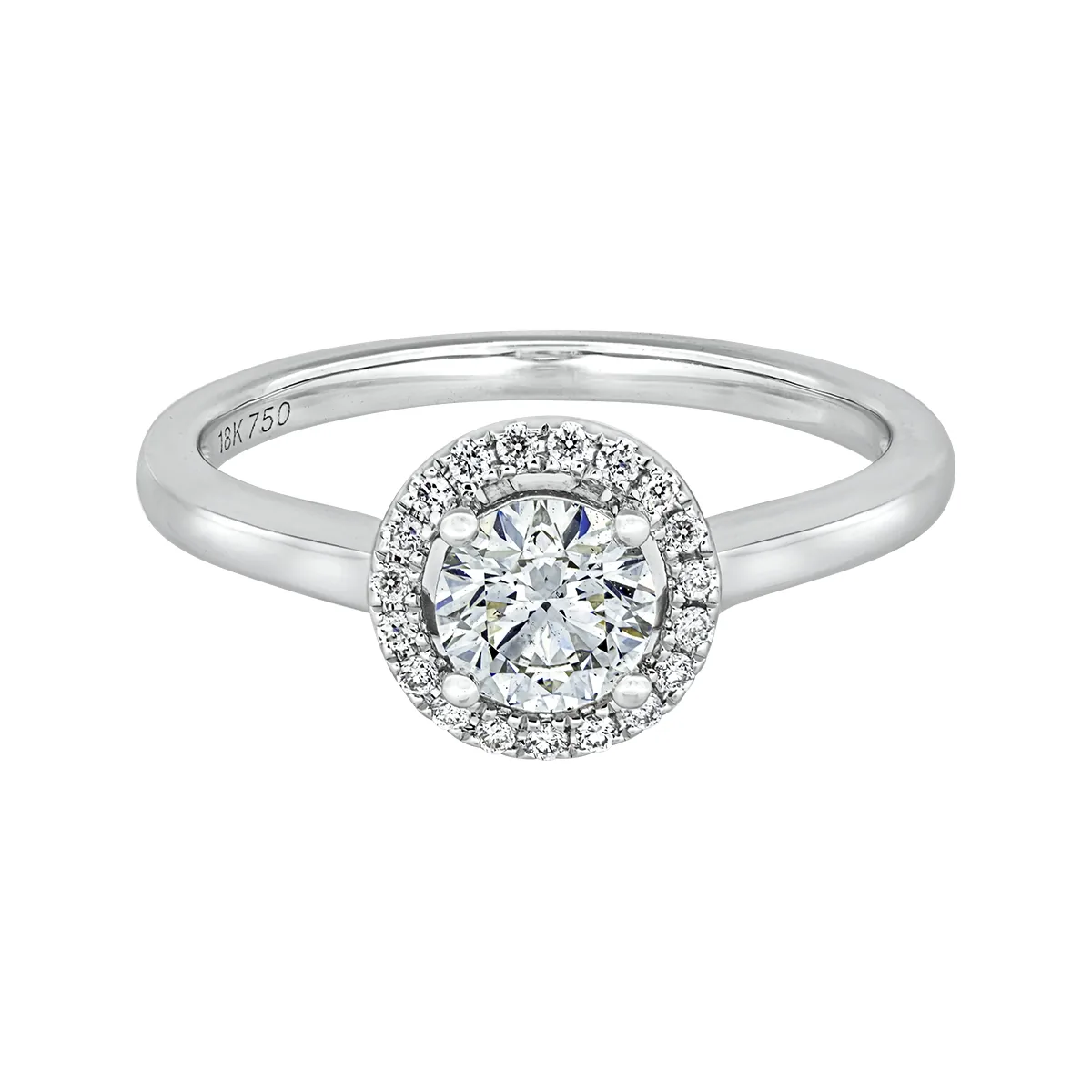 Anillo de compromiso halo redondo, con diamante central redondo GIA de 0.50ct y decoración en diamantes, oro tono blanco 18k, rodinado