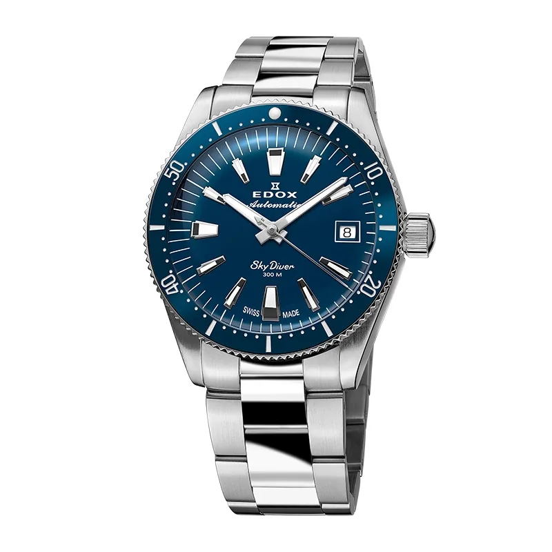 Reloj Edox análogo, Unisex, tablero redondo color azul, estilo index, pulso acero color plateado, calendario