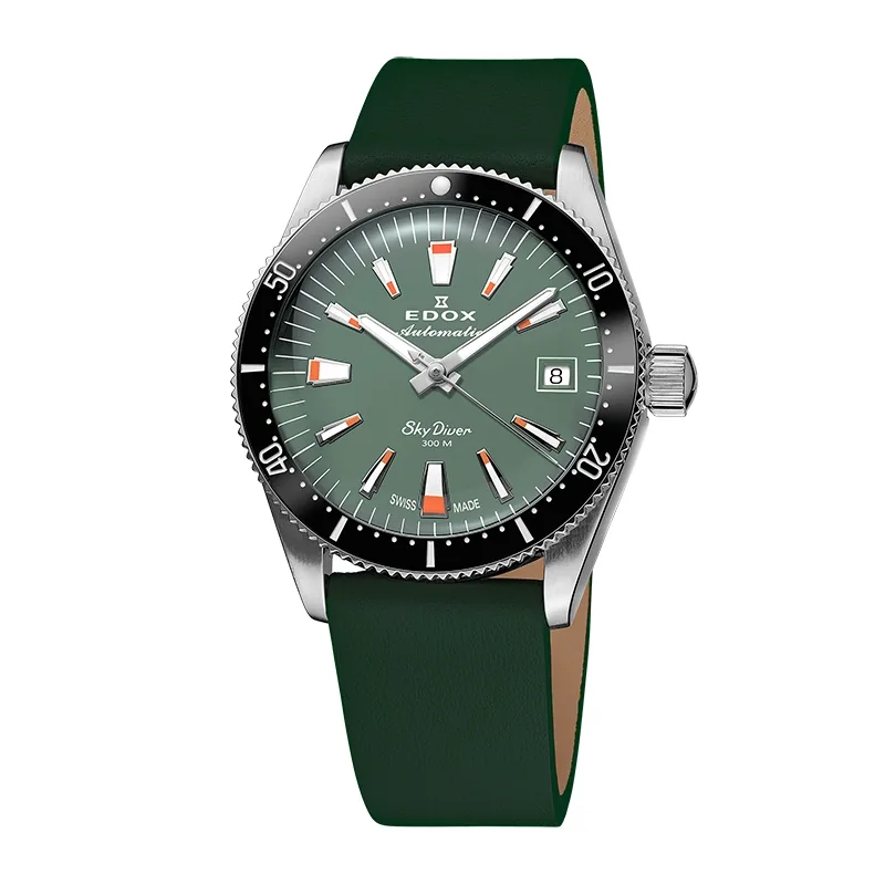 Reloj Edox análogo, Unisex, tablero redondo color verde, estilo index, pulso cuero color verde, calendario