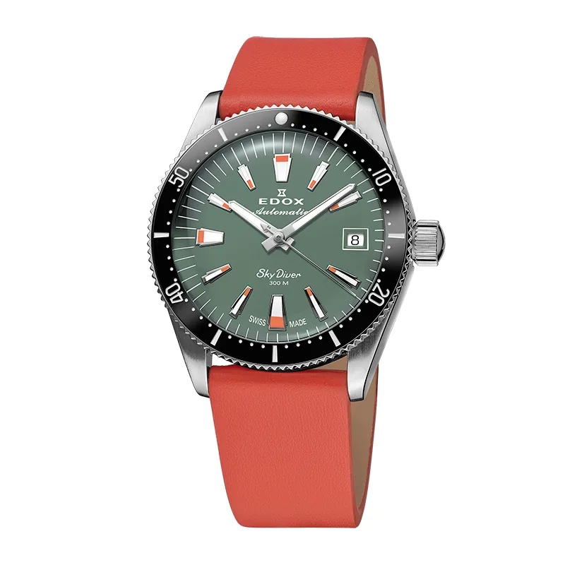 Reloj Edox análogo, Unisex, tablero redondo color verde, estilo index, pulso cuero color verde, calendario