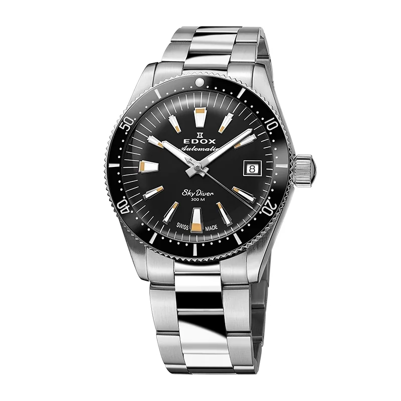 Reloj Edox análogo, Unisex, tablero redondo color negro, estilo index, pulso acero color plateado, calendario