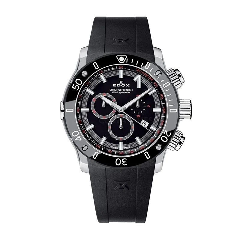 Reloj Edox analogo, para Hombre, tablero redondo colores negro y rojo, estilo index + arabigo, pulso silicona color negro, calendario, cronografo