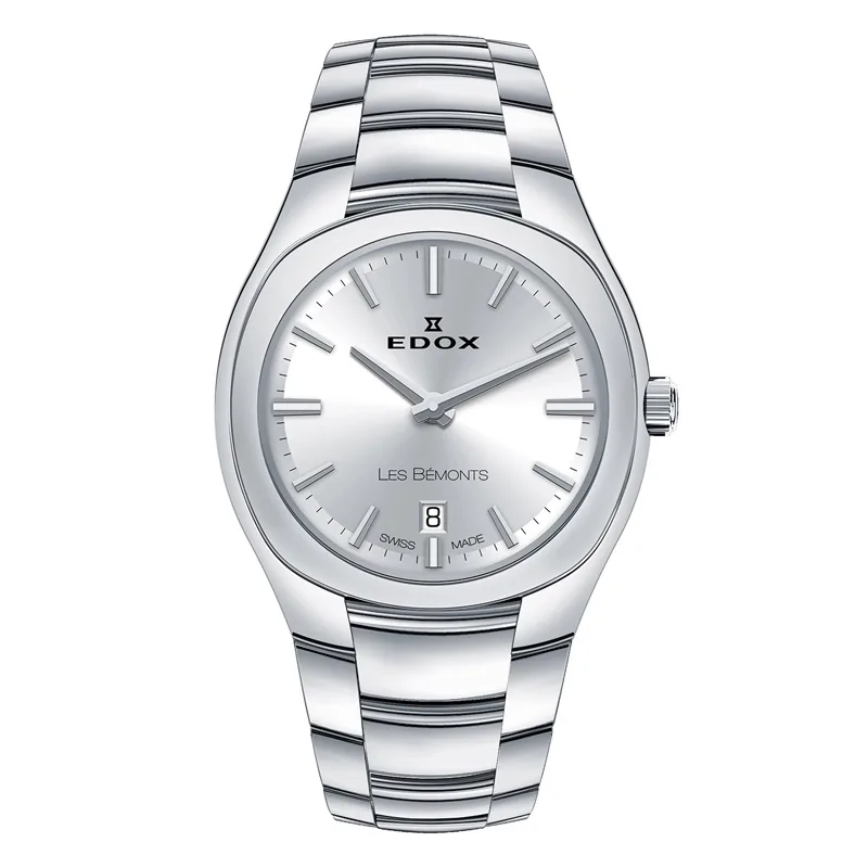 Reloj Edox análogo, para Dama, tablero redondo color plateado, estilo index, pulso acero color plateado, calendario