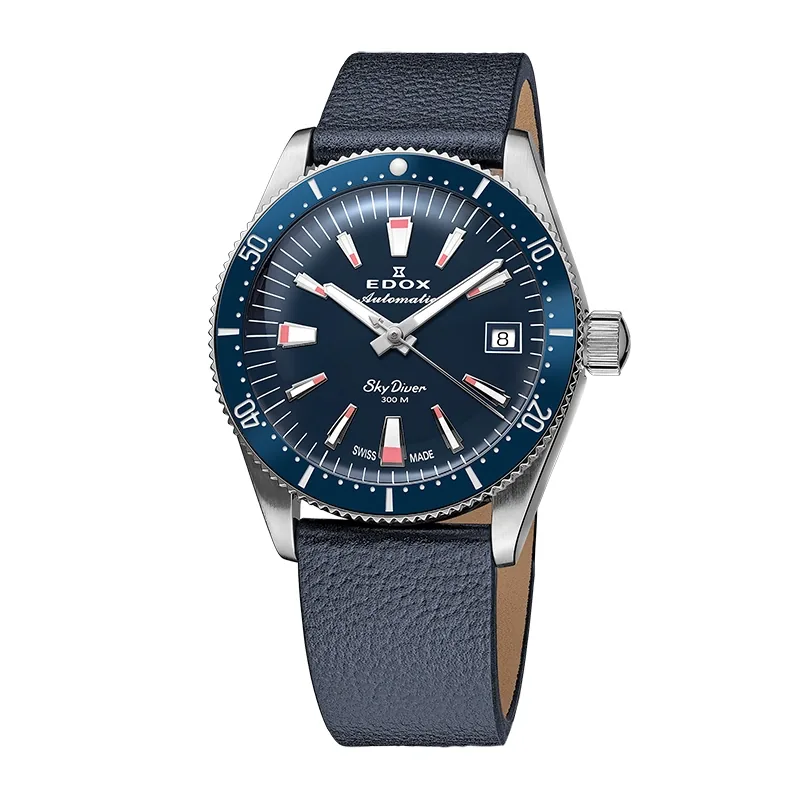 Reloj Edox análogo, Unisex, tablero redondo color azul, estilo index, pulso cuero color azul, calendario