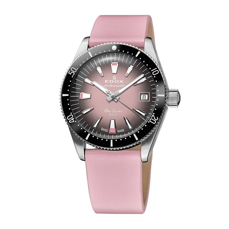 Reloj Edox análogo, Unisex, tablero redondo color rosado, estilo index, pulso cuero color rosado, calendario