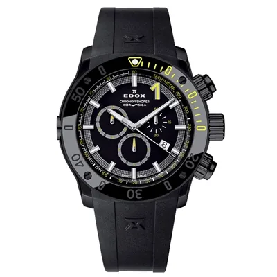 Reloj Edox análogo, para Hombre, tablero redondo colores negro y amarillo, estilo index + arábigo, pulso silicona color negro, calendario, cronografo