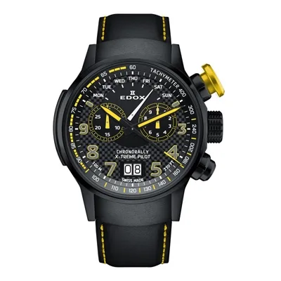 Reloj Edox análogo, para Hombre, tablero redondo colores negro y amarillo, estilo index + arábigo, pulso cuero color negro, calendario, cronografo
