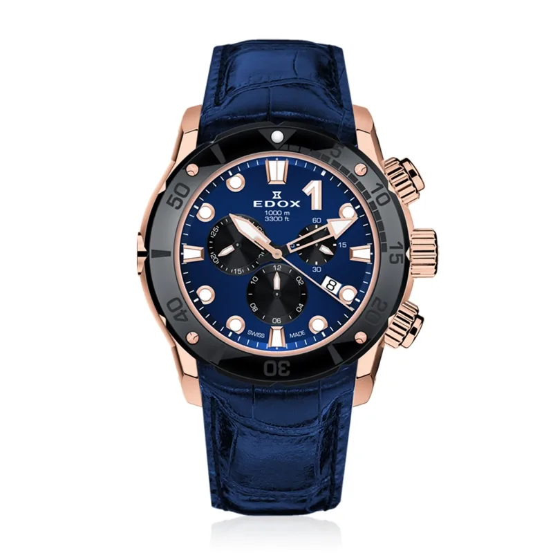 Reloj Edox analogo, para Hombre, tablero redondo color azul, estilo index + puntos, pulso cuero color azul, calendario, cronografo