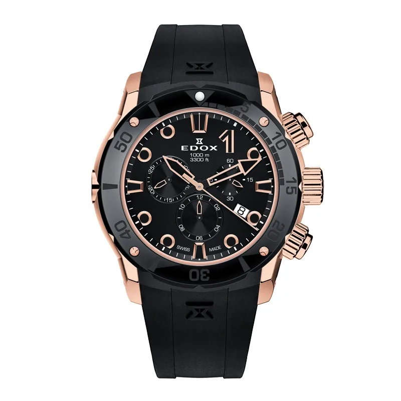 Reloj Edox análogo, para Hombre, tablero redondo color negro, estilo index + puntos, pulso silicona color negro, calendario, cronografo