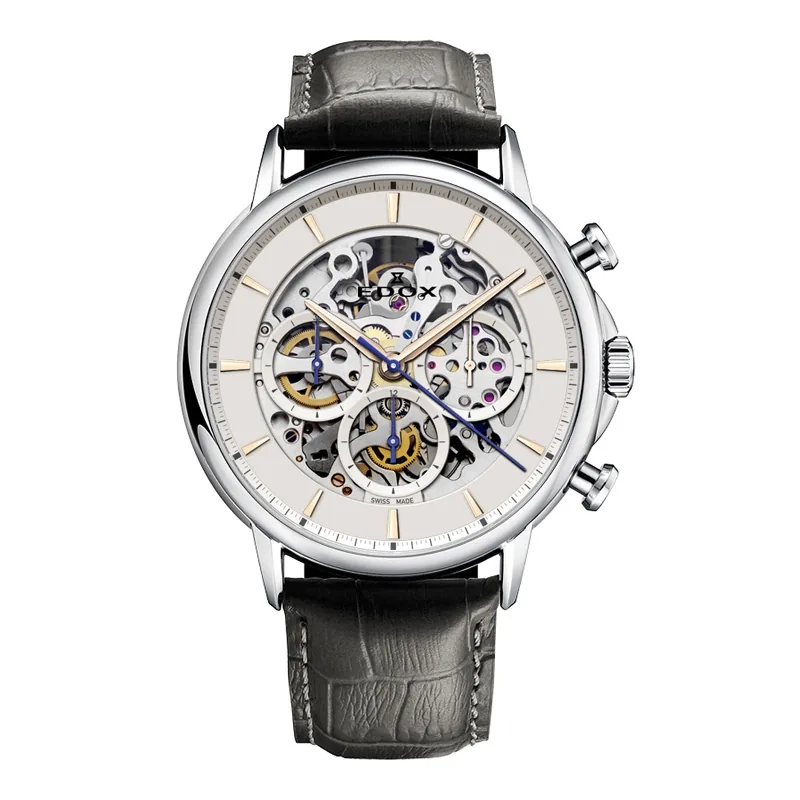Reloj Edox análogo, para Hombre, tablero redondo color plateado, estilo index, pulso cuero color negro, cronografo