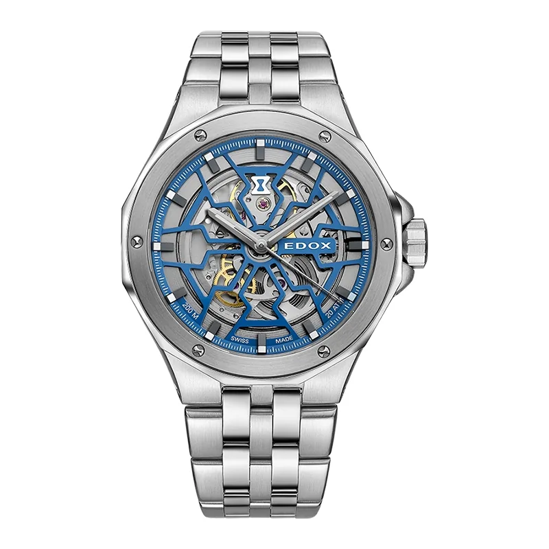 Reloj Edox análogo, para Hombre, tablero redondo color azul, estilo index, pulso acero color plateado