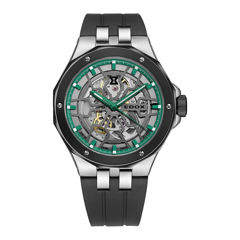 Reloj Edox análogo, para Hombre, tablero redondo colores plateado y verde, estilo index, pulso silicona color negro