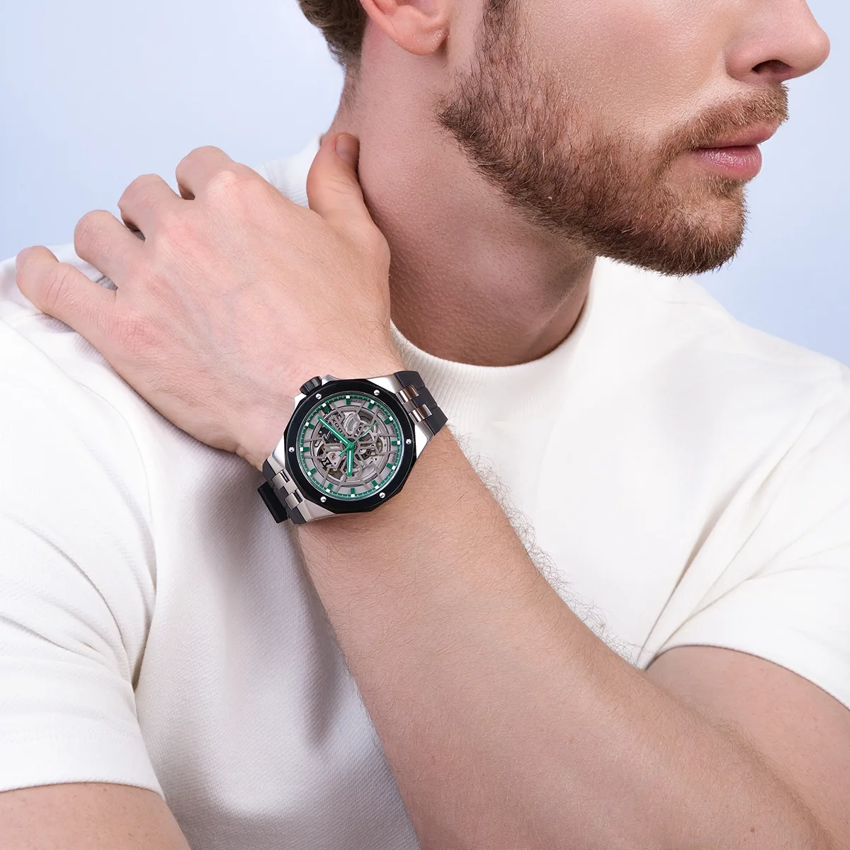 Reloj Edox análogo, para Hombre, tablero redondo colores plateado y verde, estilo index, pulso silicona color negro