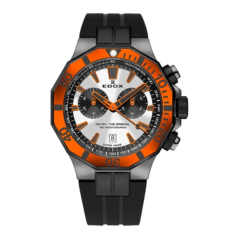 Reloj Edox análogo, para Hombre, tablero redondo color plateado, estilo index, pulso silicona color negro, calendario, cronografo