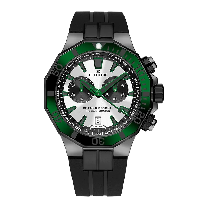 Reloj Edox análogo, para Hombre, tablero redondo color plateado, estilo index, pulso silicona color negro, calendario, cronografo