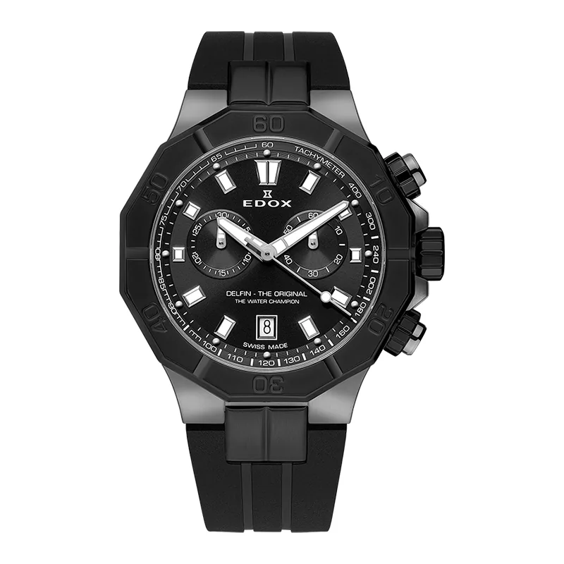 Reloj Edox análogo, para Hombre, tablero redondo color negro, estilo index, pulso silicona color negro, calendario, cronografo