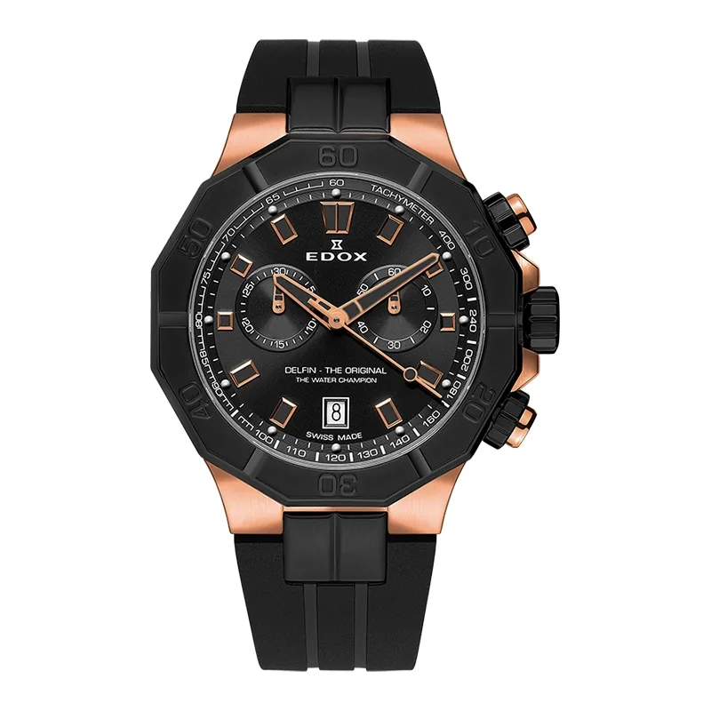 Reloj Edox análogo, para Hombre, tablero redondo color negro, estilo index, pulso silicona color negro, calendario, cronografo