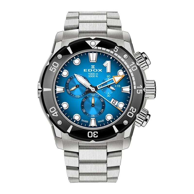 Reloj Edox análogo, para Hombre, tablero redondo color azul, estilo index + arábigo, pulso titanium color plateado, calendario, cronografo